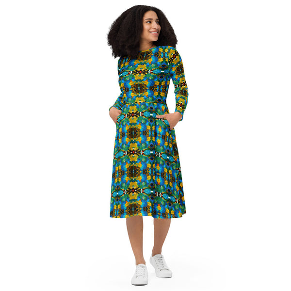 Bees n blues long sleeve dress